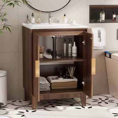 Bathroom Vanity - VINGLI 24 inch Bathroom Vanity Combo Walnut Fluted Sink Cabinet with Ceramic Top Mid-Century Modern Faucet Included