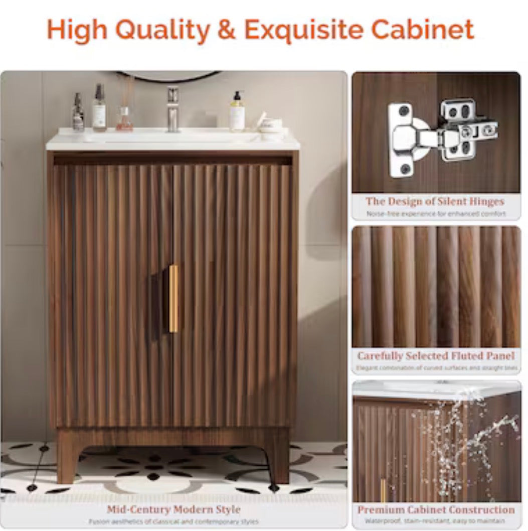 Bathroom Vanity - VINGLI 24 inch Bathroom Vanity Combo Walnut Fluted Sink Cabinet with Ceramic Top Mid-Century Modern Faucet Included