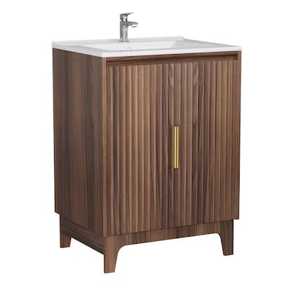 Bathroom Vanity - VINGLI 24 inch Bathroom Vanity Combo Walnut Fluted Sink Cabinet with Ceramic Top Mid-Century Modern Faucet Included