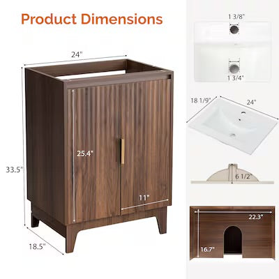 Bathroom Vanity - VINGLI 24 inch Bathroom Vanity Combo Walnut Fluted Sink Cabinet with Ceramic Top Mid-Century Modern Faucet Included