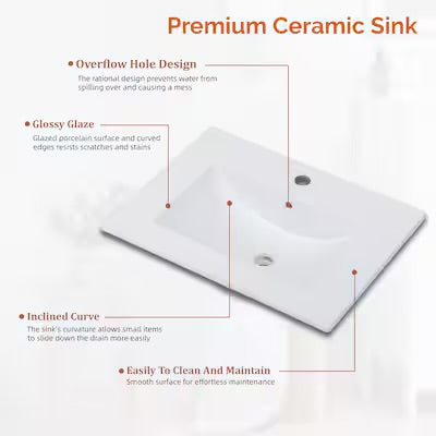 Bathroom Vanity - VINGLI 24 inch Bathroom Vanity Combo Walnut Fluted Sink Cabinet with Ceramic Top Mid-Century Modern Faucet Included