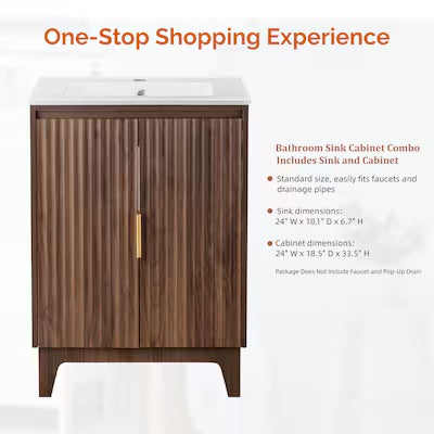 Bathroom Vanity - VINGLI 24 inch Bathroom Vanity Combo Walnut Fluted Sink Cabinet with Ceramic Top Mid-Century Modern Faucet Included