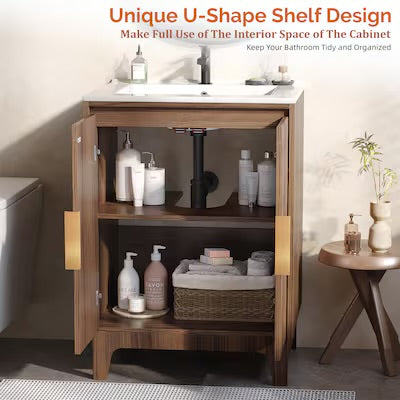 Bathroom Vanity - VINGLI 24 inch Bathroom Vanity Combo Walnut Fluted Sink Cabinet with Ceramic Top Mid-Century Modern Faucet Included