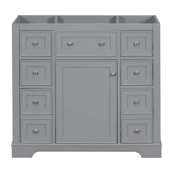 Bathroom Vanity - 36 in. Freestanding Rectangular Bath Vanity Cabinet without Top in Gray with Soild Wood Frame, 6 Drawers and 1 Door