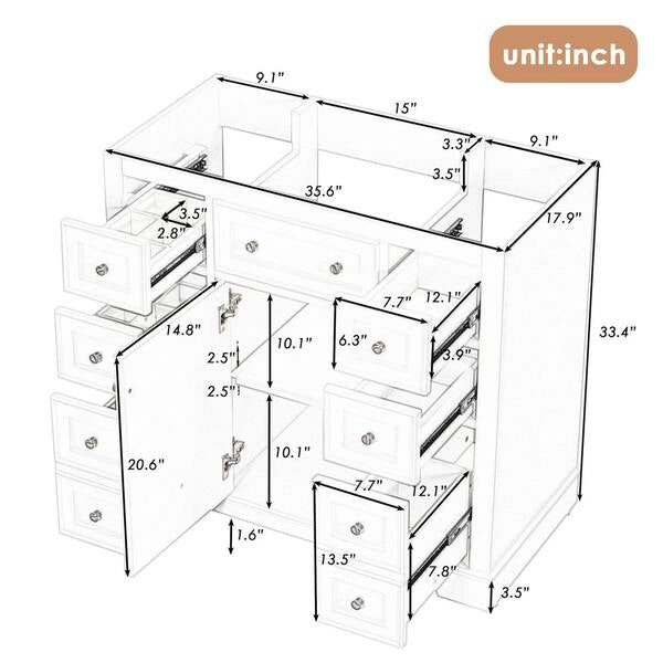 Bathroom Vanity - 36 in. Freestanding Rectangular Bath Vanity Cabinet without Top in Gray with Soild Wood Frame, 6 Drawers and 1 Door