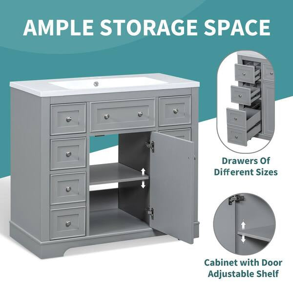 Bathroom Vanity - 36 in. Freestanding Rectangular Bath Vanity Cabinet without Top in Gray with Soild Wood Frame, 6 Drawers and 1 Door