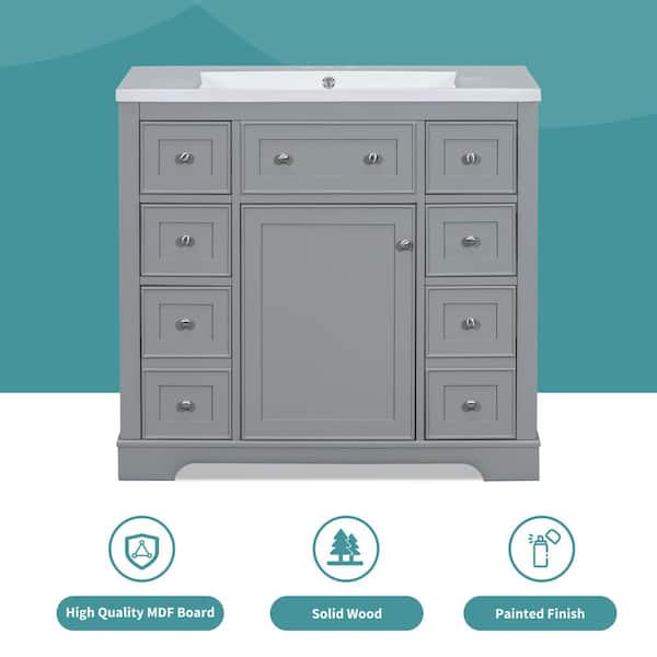 Bathroom Vanity - 36 in. Freestanding Rectangular Bath Vanity Cabinet without Top in Gray with Soild Wood Frame, 6 Drawers and 1 Door