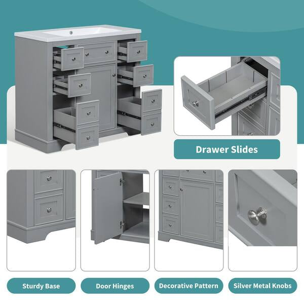 Bathroom Vanity - 36 in. Freestanding Rectangular Bath Vanity Cabinet without Top in Gray with Soild Wood Frame, 6 Drawers and 1 Door