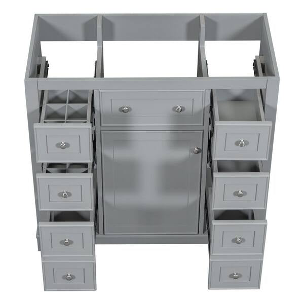 Bathroom Vanity - 36 in. Freestanding Rectangular Bath Vanity Cabinet without Top in Gray with Soild Wood Frame, 6 Drawers and 1 Door