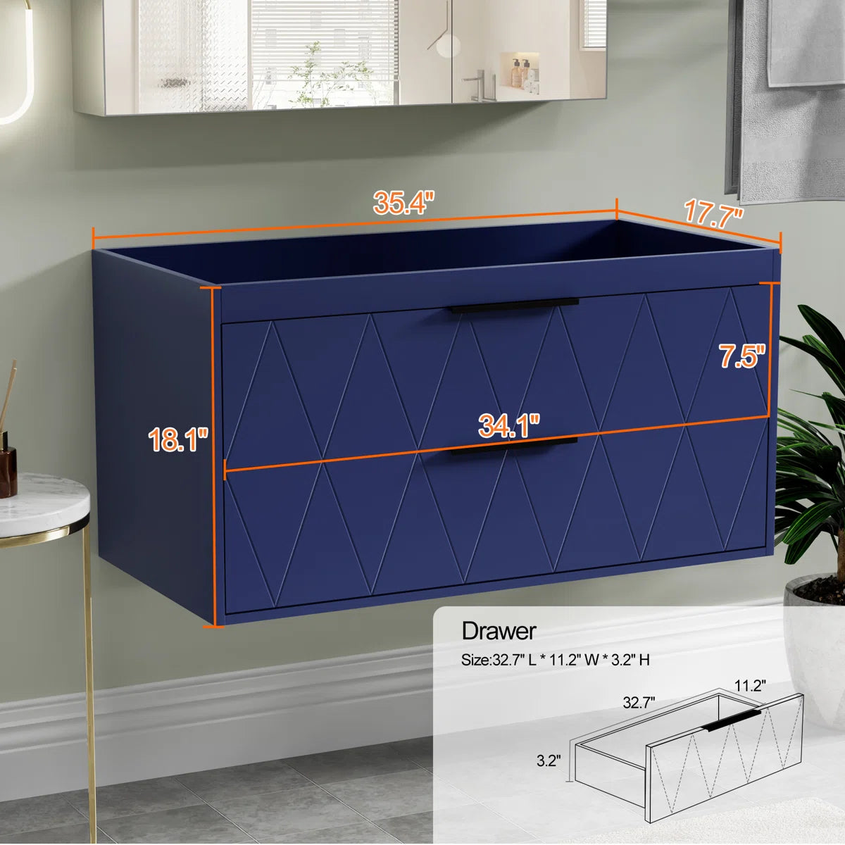 Bathroom Vanity - 36" Modern Wall Mounted Bathroom Vanity Base Only without Sink Top, Soft-close Drawers, Eco-friendly Hand Paint