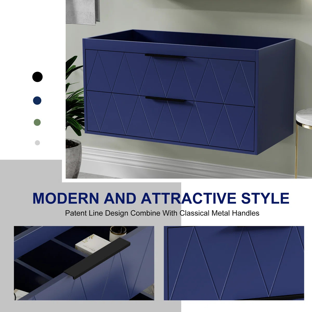 Bathroom Vanity - 36" Modern Wall Mounted Bathroom Vanity Base Only without Sink Top, Soft-close Drawers, Eco-friendly Hand Paint