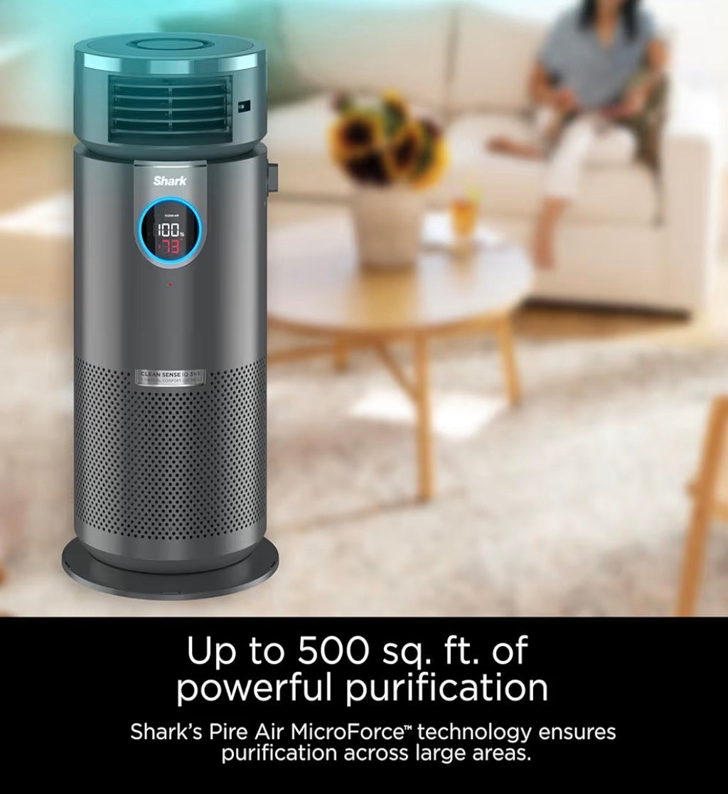 Air Purifier - Shark 3 in 1 Air Purifiers for Home, Bedroom, or Office with HEPA Filter, Small Space Heater and Fan Combo, Filters Smoke, Covers up to 500 Sq Ft, Clean Sense Technology, Heat, Cool and Purify, HC452