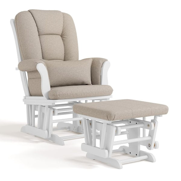 Rocking Chair - Tuscany White with Taupe Swirl Cushion Glider and Ottoman Set