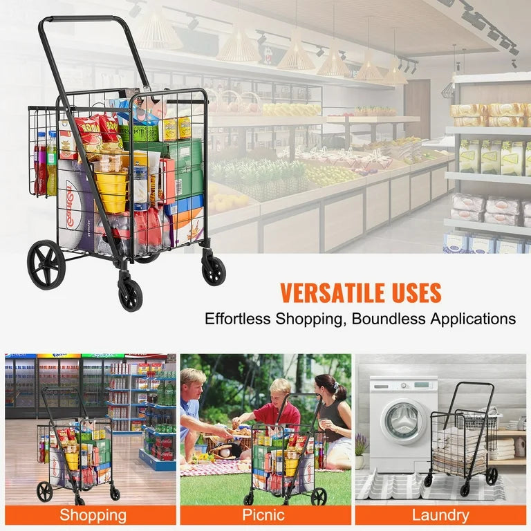 Cart - VEVOR Jumbo Folding Shopping Cart with Dual Basket, Black