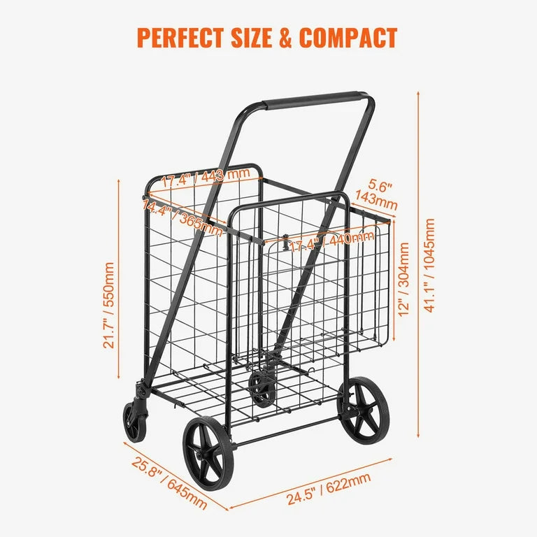 Cart - VEVOR Jumbo Folding Shopping Cart with Dual Basket, Black