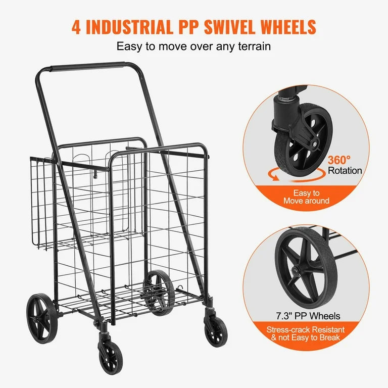 Cart - VEVOR Jumbo Folding Shopping Cart with Dual Basket, Black