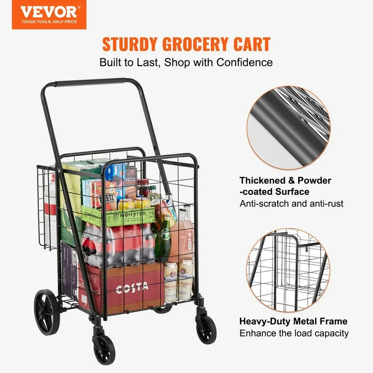 Cart - VEVOR Jumbo Folding Shopping Cart with Dual Basket, Black
