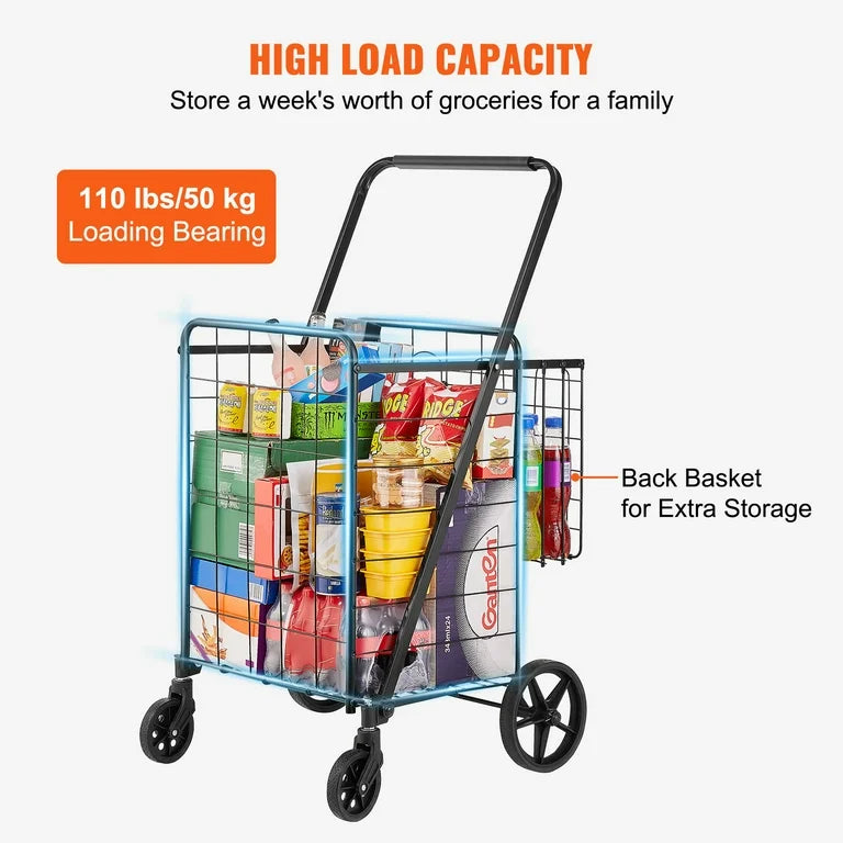 Cart - VEVOR Jumbo Folding Shopping Cart with Dual Basket, Black