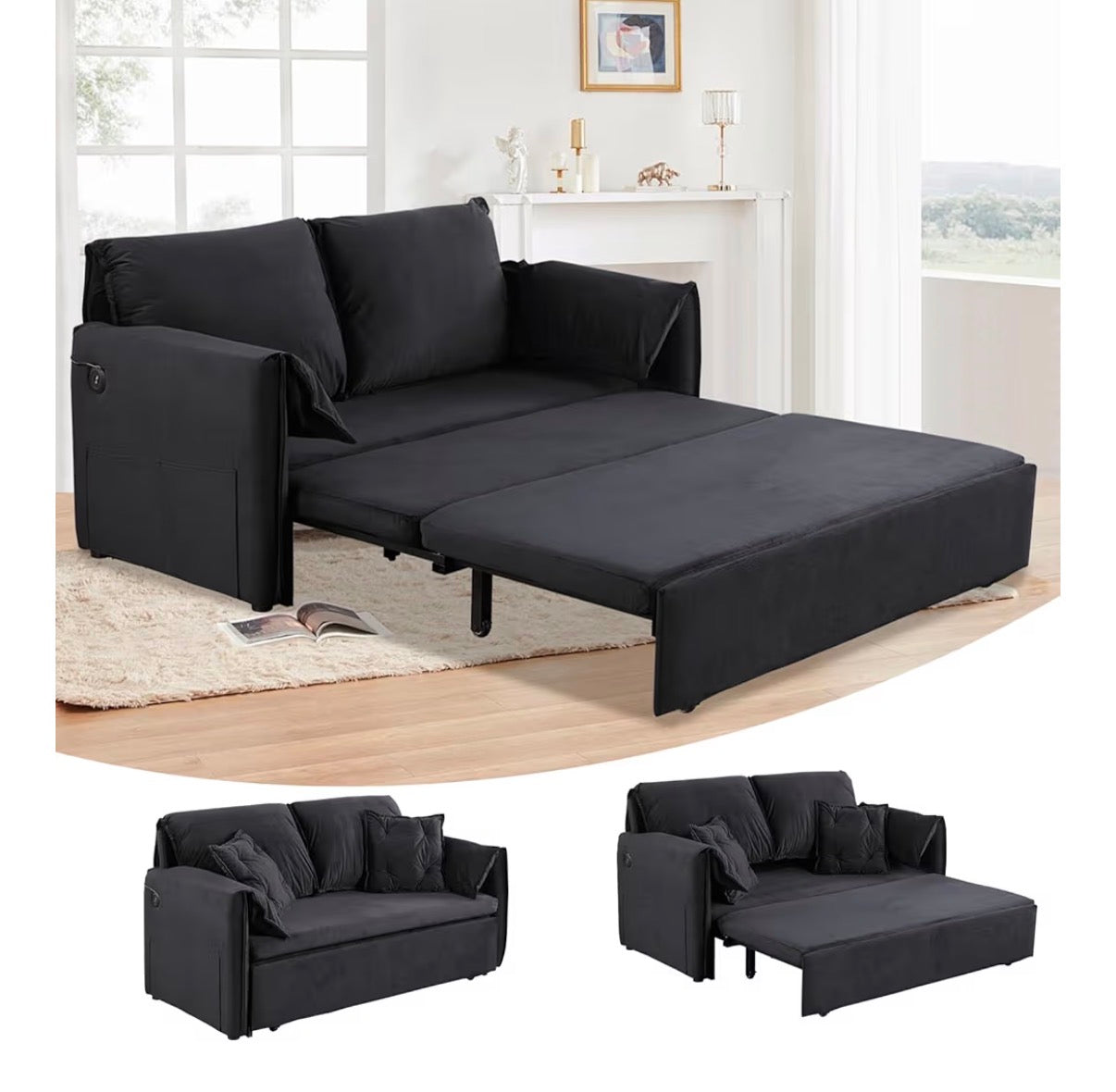 Sofa - Pull Out Sofa Bed Full Size, 3 in 1 Convertible Sleeper Couch Bed with USB Charging Port and Side Storage, Comfy Velvet Loveseat Pullout Sofa Bed for Living Room, Apartment (Black)