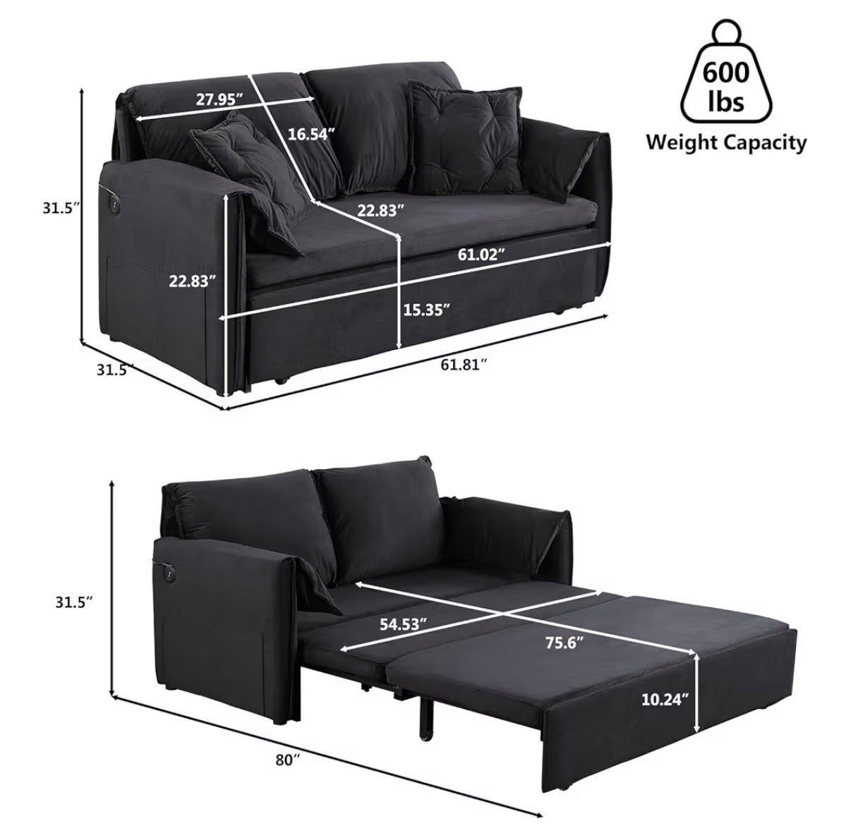 Sofa - Pull Out Sofa Bed Full Size, 3 in 1 Convertible Sleeper Couch Bed with USB Charging Port and Side Storage, Comfy Velvet Loveseat Pullout Sofa Bed for Living Room, Apartment (Black)