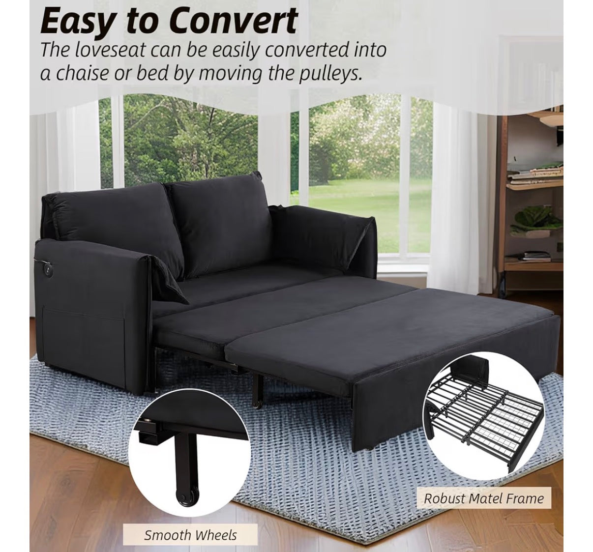 Sofa - Pull Out Sofa Bed Full Size, 3 in 1 Convertible Sleeper Couch Bed with USB Charging Port and Side Storage, Comfy Velvet Loveseat Pullout Sofa Bed for Living Room, Apartment (Black)