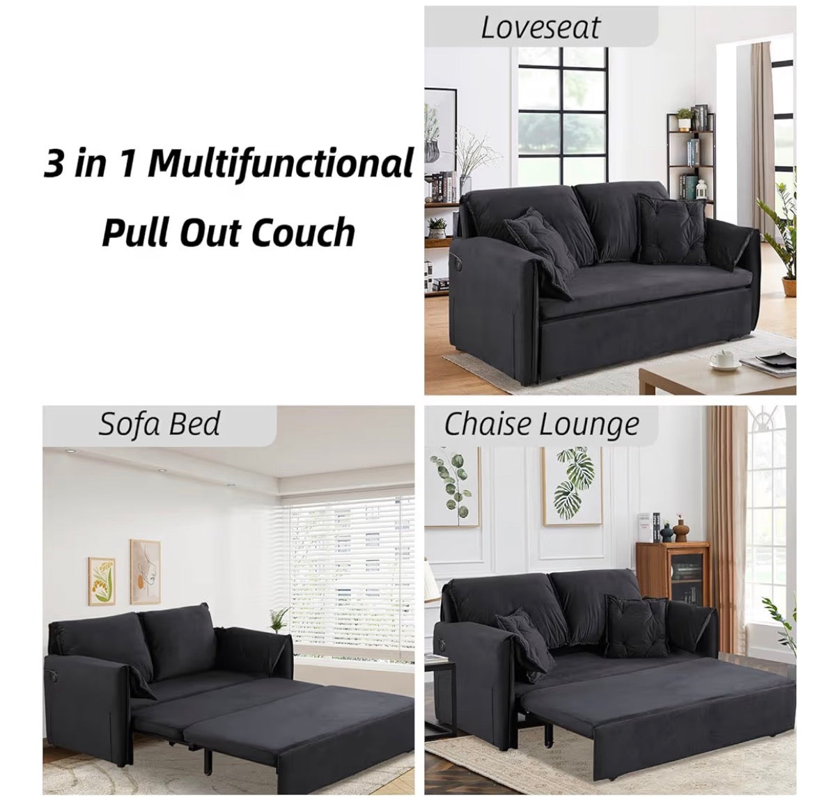 Sofa - Pull Out Sofa Bed Full Size, 3 in 1 Convertible Sleeper Couch Bed with USB Charging Port and Side Storage, Comfy Velvet Loveseat Pullout Sofa Bed for Living Room, Apartment (Black)