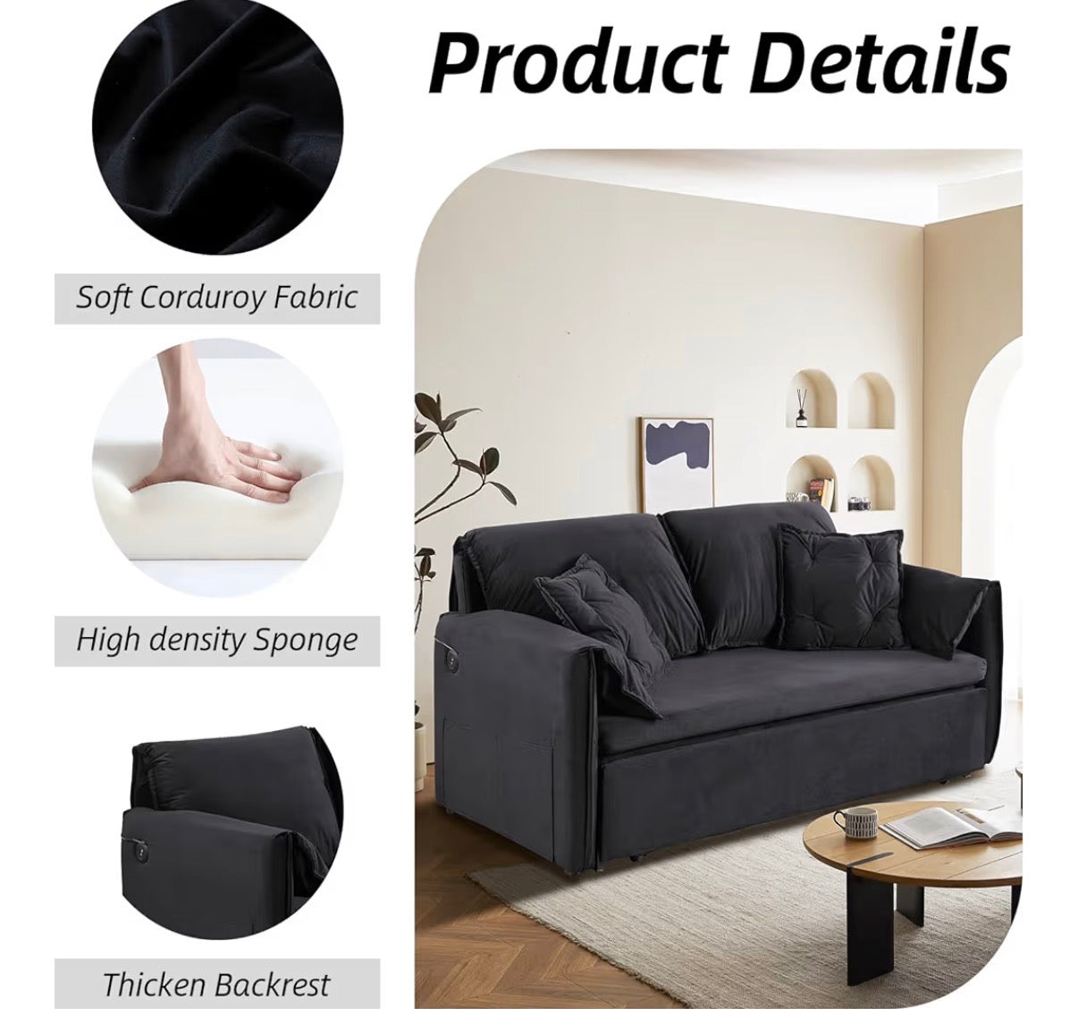 Sofa - Pull Out Sofa Bed Full Size, 3 in 1 Convertible Sleeper Couch Bed with USB Charging Port and Side Storage, Comfy Velvet Loveseat Pullout Sofa Bed for Living Room, Apartment (Black)