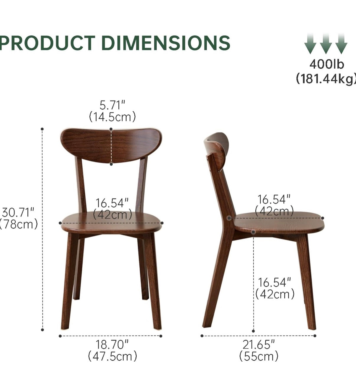Dining Chair Set of 2 - Oak Dining Chairs, Kitchen Chairs, 100% Solid Wood Modern Dinner Chair with Curved Backrest, Dining Room Chair for Kitchen, Living Room, Study (2PK, Walnut)