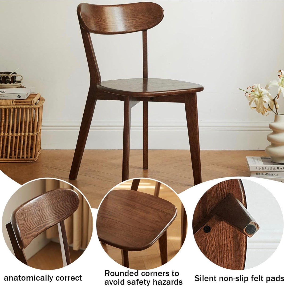 Dining Chair Set of 2 - Oak Dining Chairs, Kitchen Chairs, 100% Solid Wood Modern Dinner Chair with Curved Backrest, Dining Room Chair for Kitchen, Living Room, Study (2PK, Walnut)