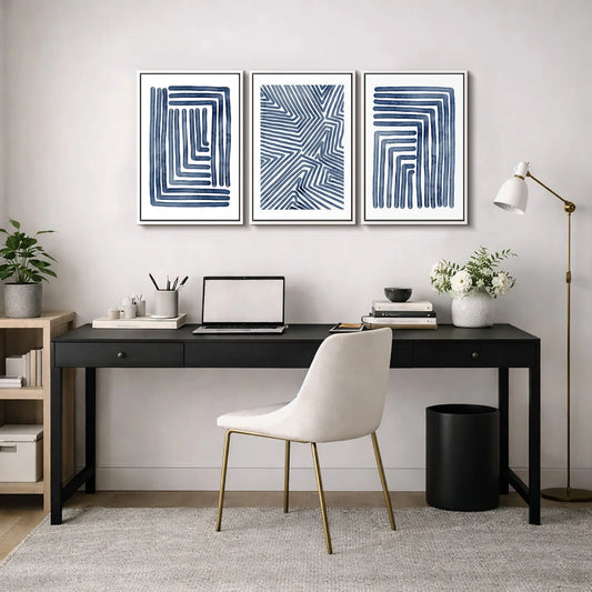 Framed Art - Set of 3 Geometric Line "Navy Blue Stripe Abstract Artwork, Simple Modern Contemporary Bedroom Wall Pictures, Large Framed Canvas Giclee Print 3 Pieces Wall Art Set" (Set of 3)