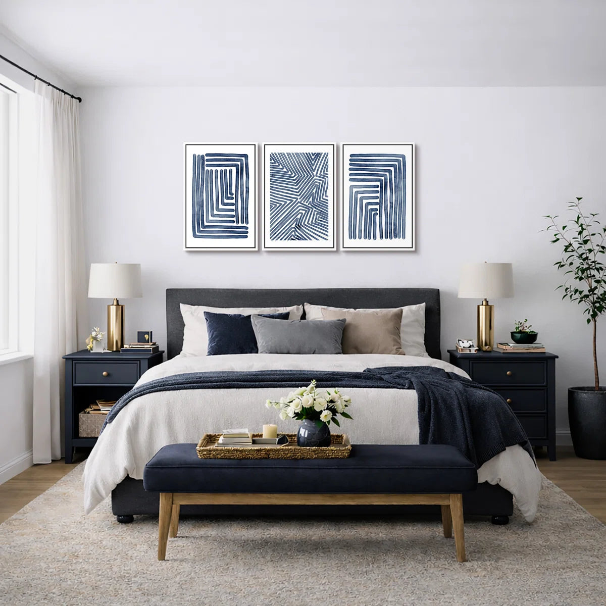 Framed Art - Set of 3 Geometric Line "Navy Blue Stripe Abstract Artwork, Simple Modern Contemporary Bedroom Wall Pictures, Large Framed Canvas Giclee Print 3 Pieces Wall Art Set" (Set of 3)