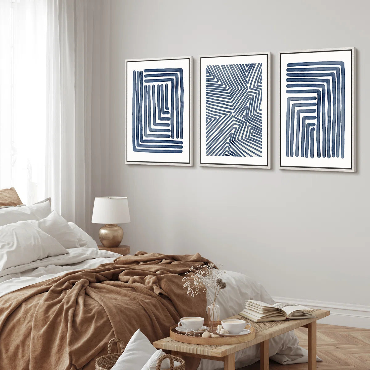 Framed Art - Set of 3 Geometric Line "Navy Blue Stripe Abstract Artwork, Simple Modern Contemporary Bedroom Wall Pictures, Large Framed Canvas Giclee Print 3 Pieces Wall Art Set" (Set of 3)