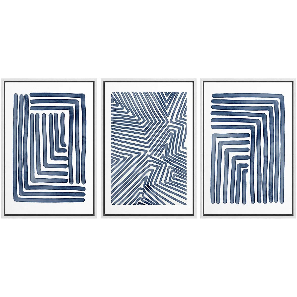 Framed Art - Set of 3 Geometric Line "Navy Blue Stripe Abstract Artwork, Simple Modern Contemporary Bedroom Wall Pictures, Large Framed Canvas Giclee Print 3 Pieces Wall Art Set" (Set of 3)