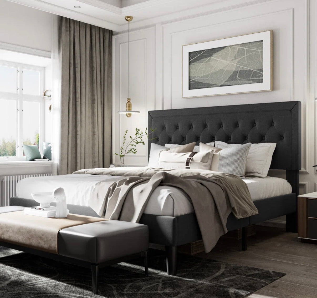 Bed - King Size Hegg Linen Tufted Upholstered Platform Bed with Wood Slats