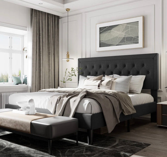 Bed - King Size Hegg Linen Tufted Upholstered Platform Bed with Wood Slats