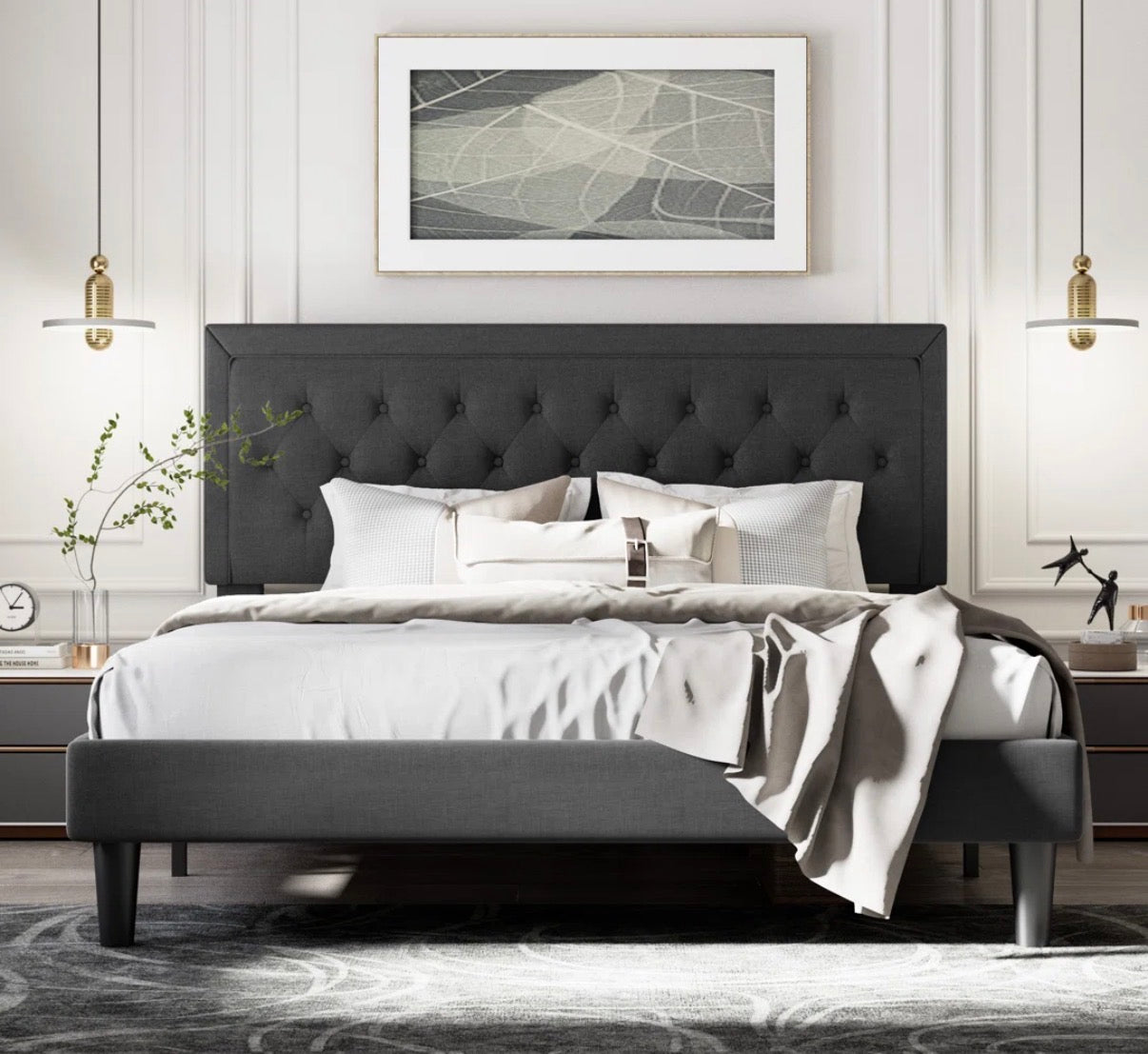 Bed - King Size Hegg Linen Tufted Upholstered Platform Bed with Wood Slats