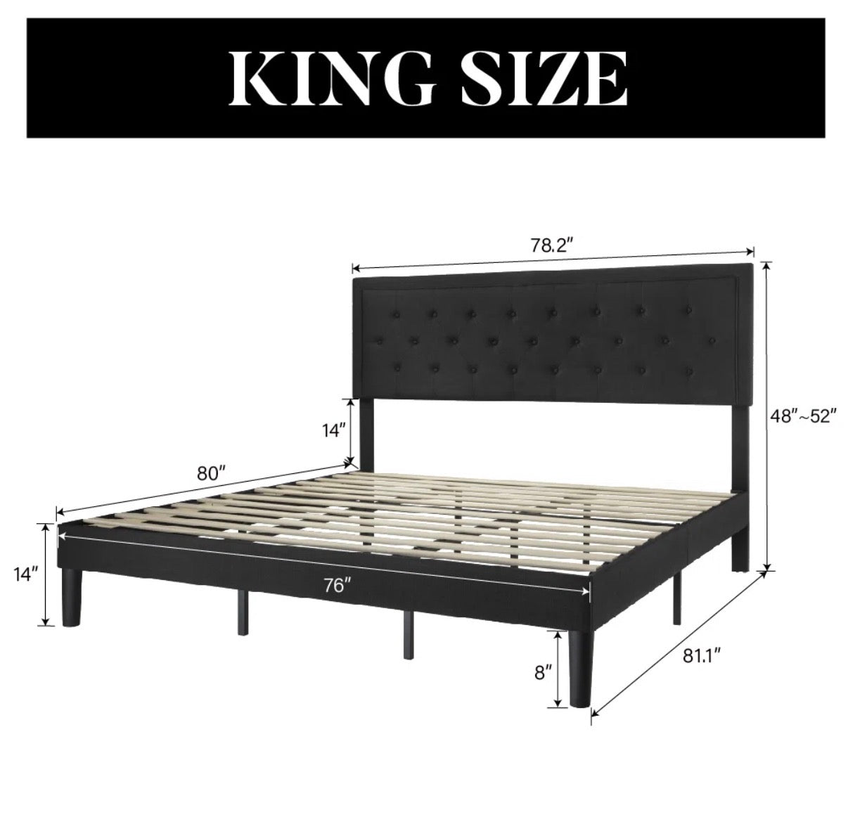 Bed - King Size Hegg Linen Tufted Upholstered Platform Bed with Wood Slats