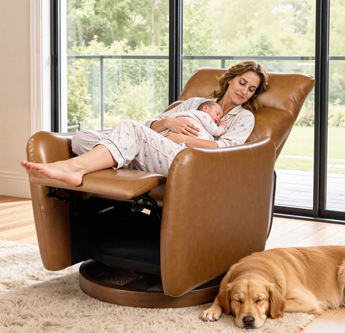 Recliner - Maxine 32.7'' W Swivel Leather Manual Push Back Recliner with Solid Wood Base (small tear in leather & repaired wood base)