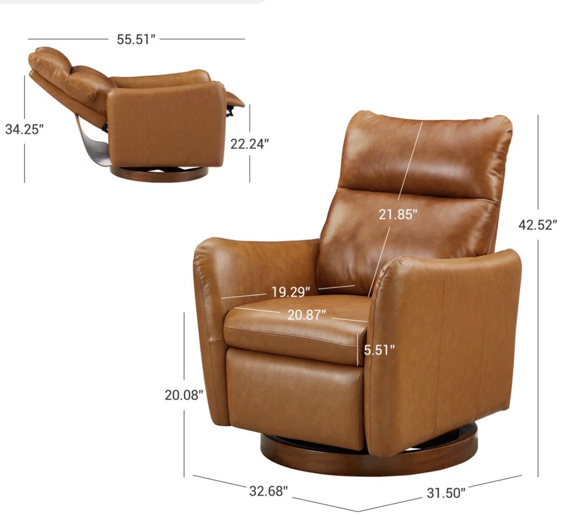 Recliner - Maxine 32.7'' W Swivel Leather Manual Push Back Recliner with Solid Wood Base (small tear in leather & repaired wood base)