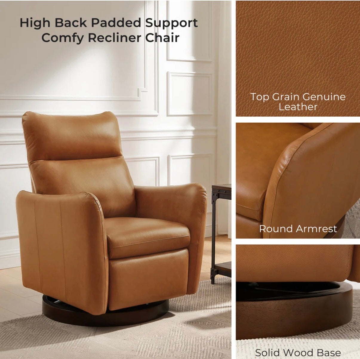 Recliner - Maxine 32.7'' W Swivel Leather Manual Push Back Recliner with Solid Wood Base (small tear in leather & repaired wood base)