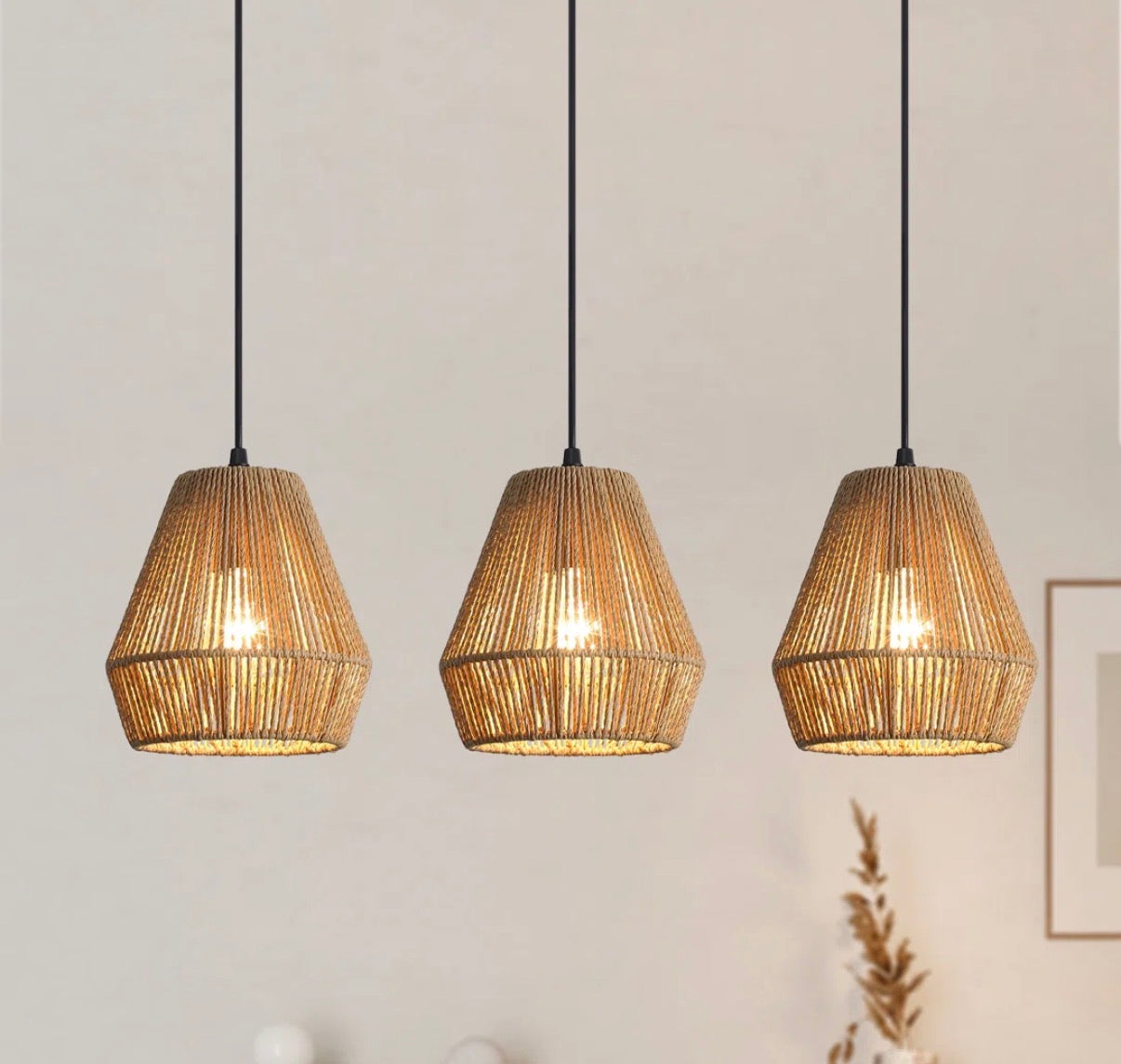 Pendant Set Of 3 - 7in. Rustic Paper Rattan Woven Pendant Lights With Hand-Woven Basket Lampshade