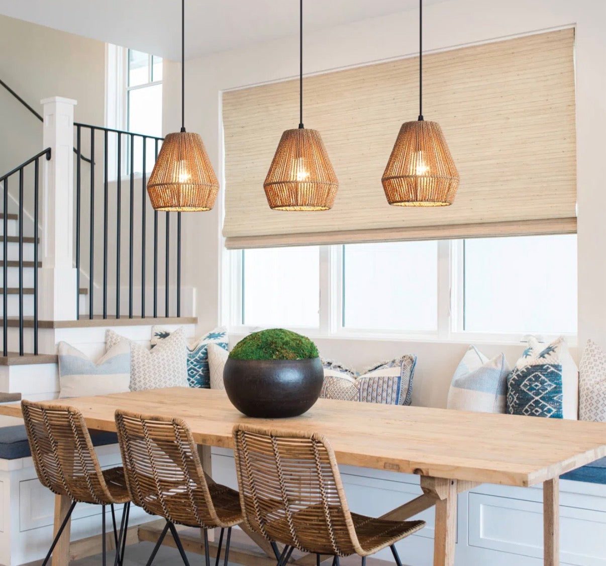 Pendant Set Of 3 - 7in. Rustic Paper Rattan Woven Pendant Lights With Hand-Woven Basket Lampshade