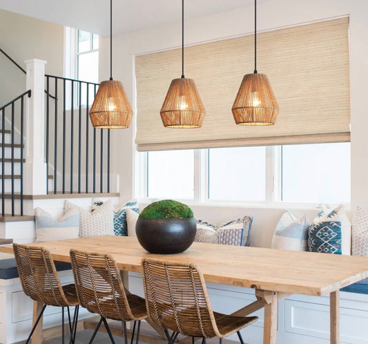 Pendant Set Of 3 - 7in. Rustic Paper Rattan Woven Pendant Lights With Hand-Woven Basket Lampshade