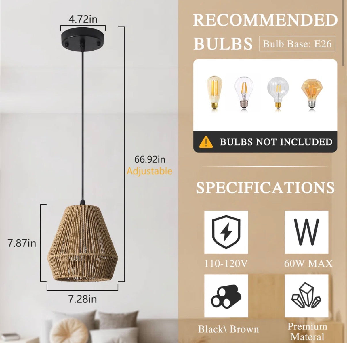 Pendant Set Of 3 - 7in. Rustic Paper Rattan Woven Pendant Lights With Hand-Woven Basket Lampshade
