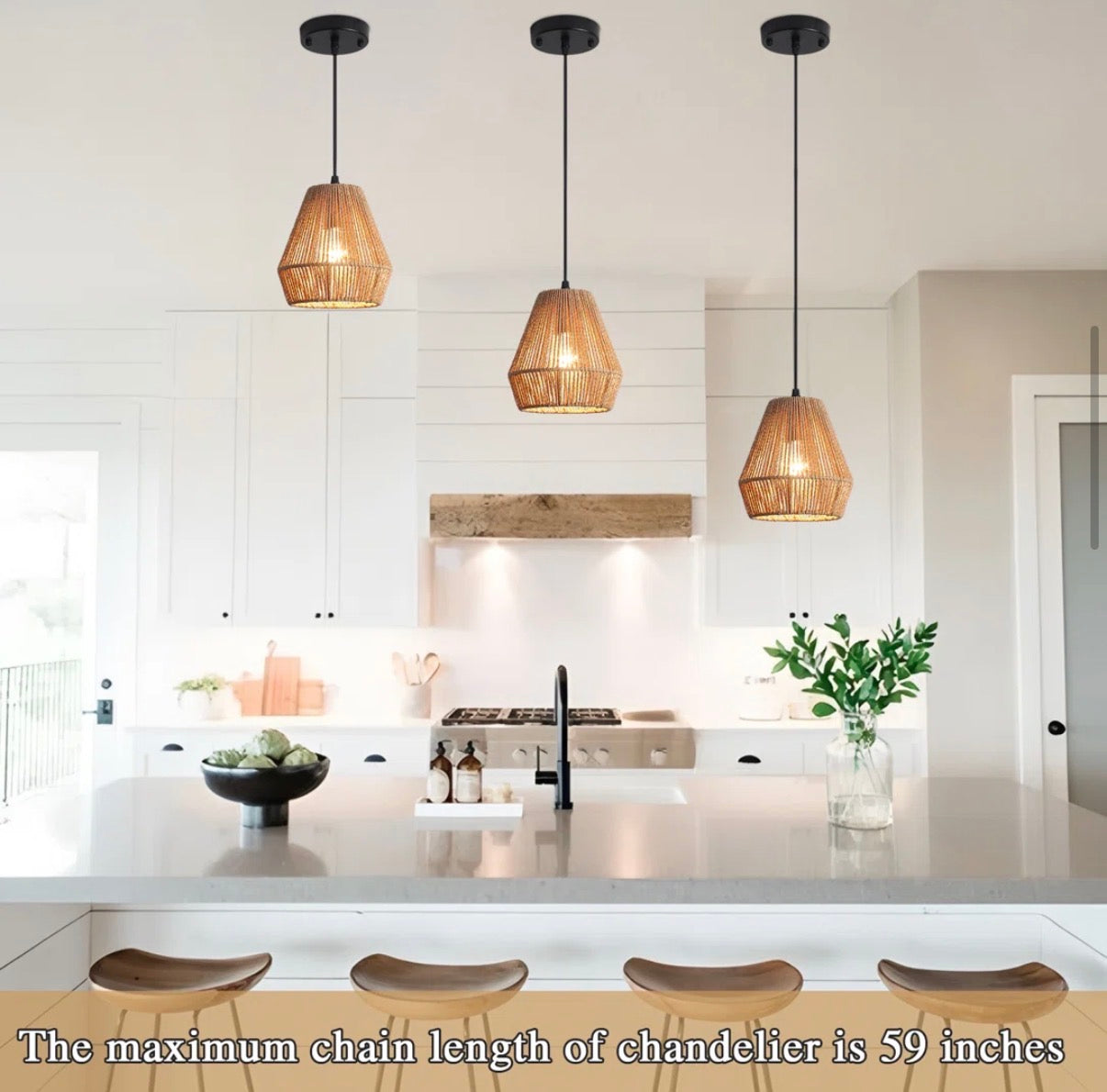 Pendant Set Of 3 - 7in. Rustic Paper Rattan Woven Pendant Lights With Hand-Woven Basket Lampshade