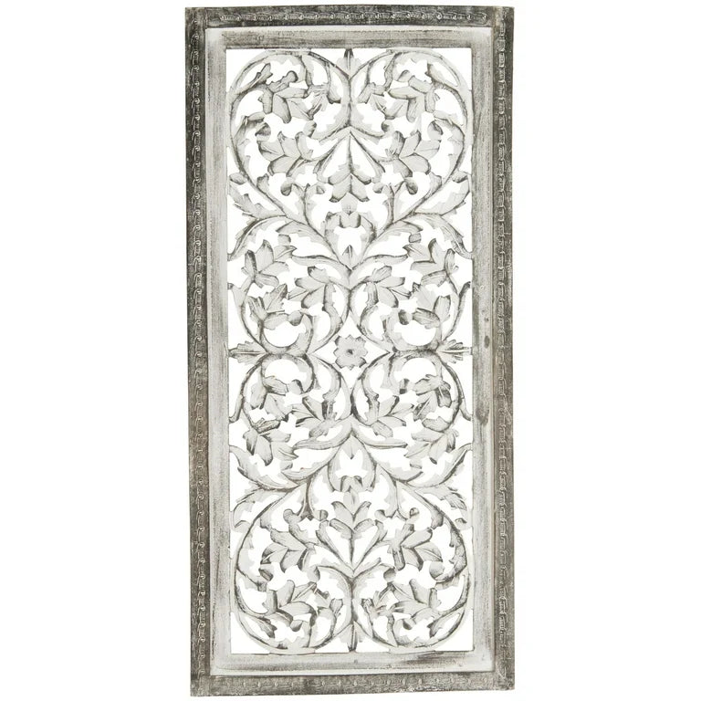 Wood Wall Hanging - 24” x 51” DecMode Gray Mango Wood Handmade Intricately Carved Floral Wall Decor with White Distressing