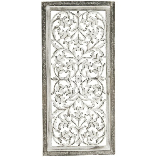 Wood Wall Hanging - 24” x 51” DecMode Gray Mango Wood Handmade Intricately Carved Floral Wall Decor with White Distressing