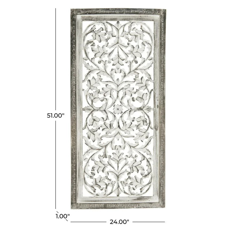 Wood Wall Hanging - 24” x 51” DecMode Gray Mango Wood Handmade Intricately Carved Floral Wall Decor with White Distressing