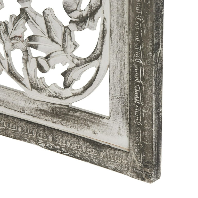 Wood Wall Hanging - 24” x 51” DecMode Gray Mango Wood Handmade Intricately Carved Floral Wall Decor with White Distressing