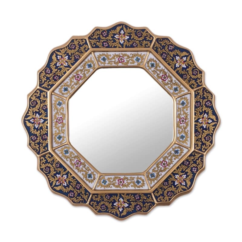 Mirror - Handmade Azure Star Blue Reverse Painted Glass Mirror (Peru) - 17.25" x 17.25"